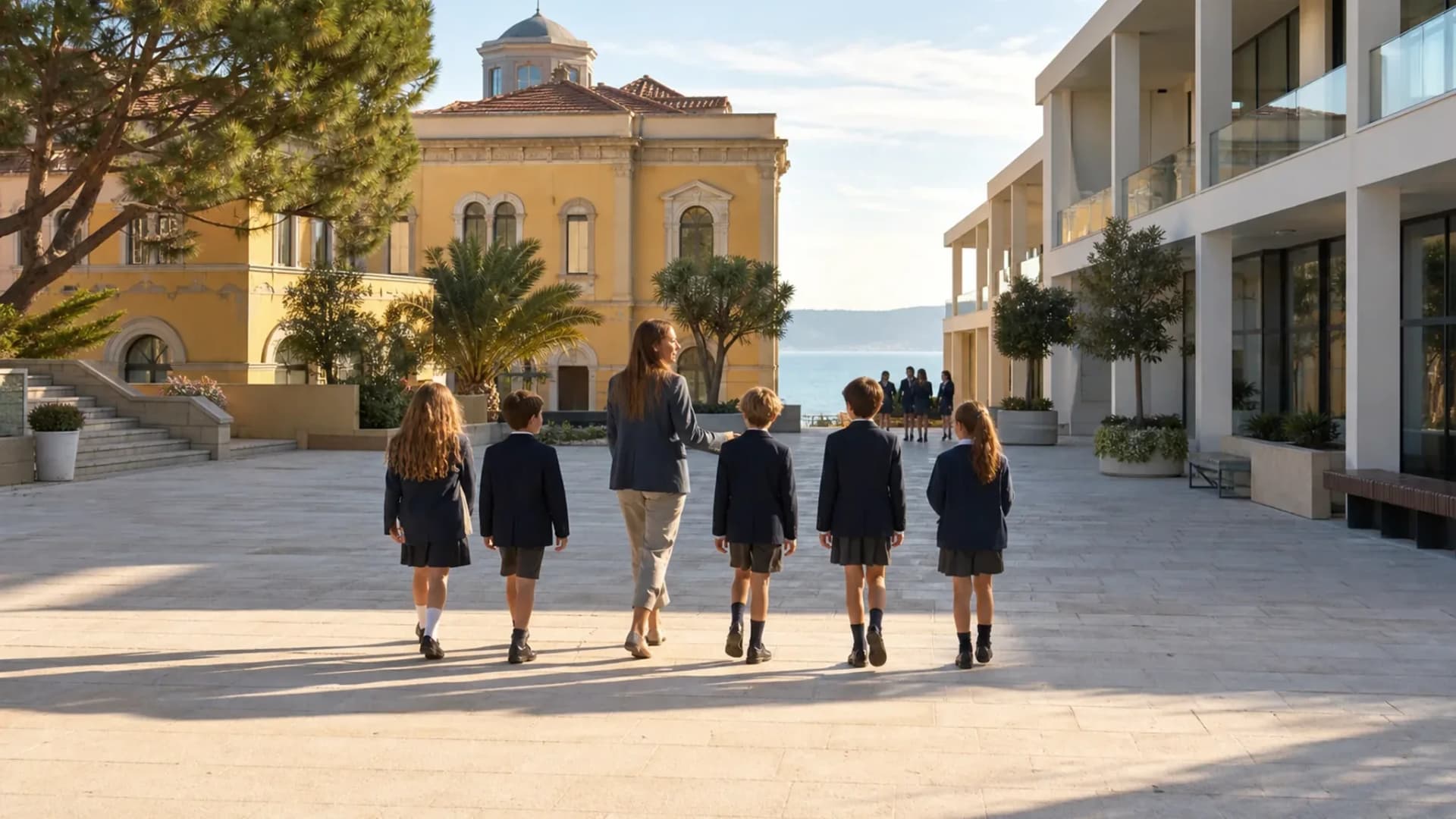 Students and teacher crossing a sunlit international school courtyard